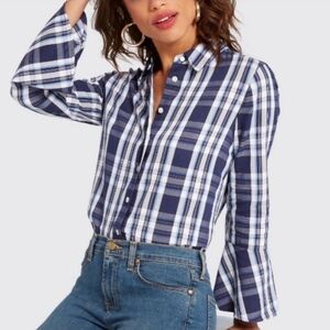 New Draper James Plaid Bell Sleeve Classic Office Outing Shirt Sz 6 Navy